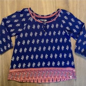 Lucky Brand Blue and Pink Blouse with Fringe Details